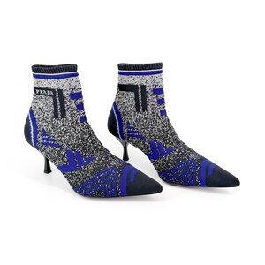 Prada Black Blue Stretch Knit Logo Sock Booties Heels Size 37 US 7 Ankle Boots
